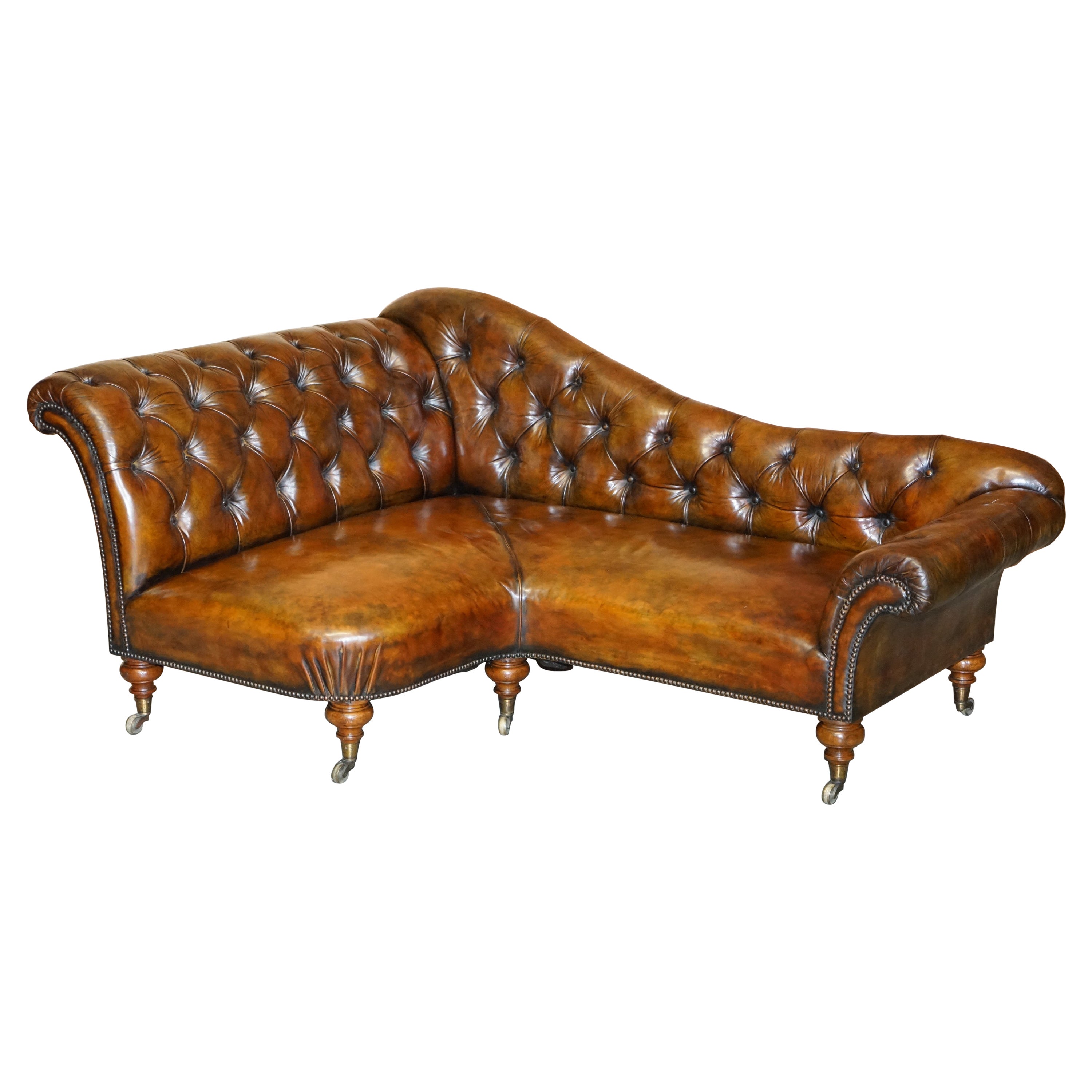 Restored Victorian Howard & Son's Chesterfield Brown Leather Corner Sofa Chaise