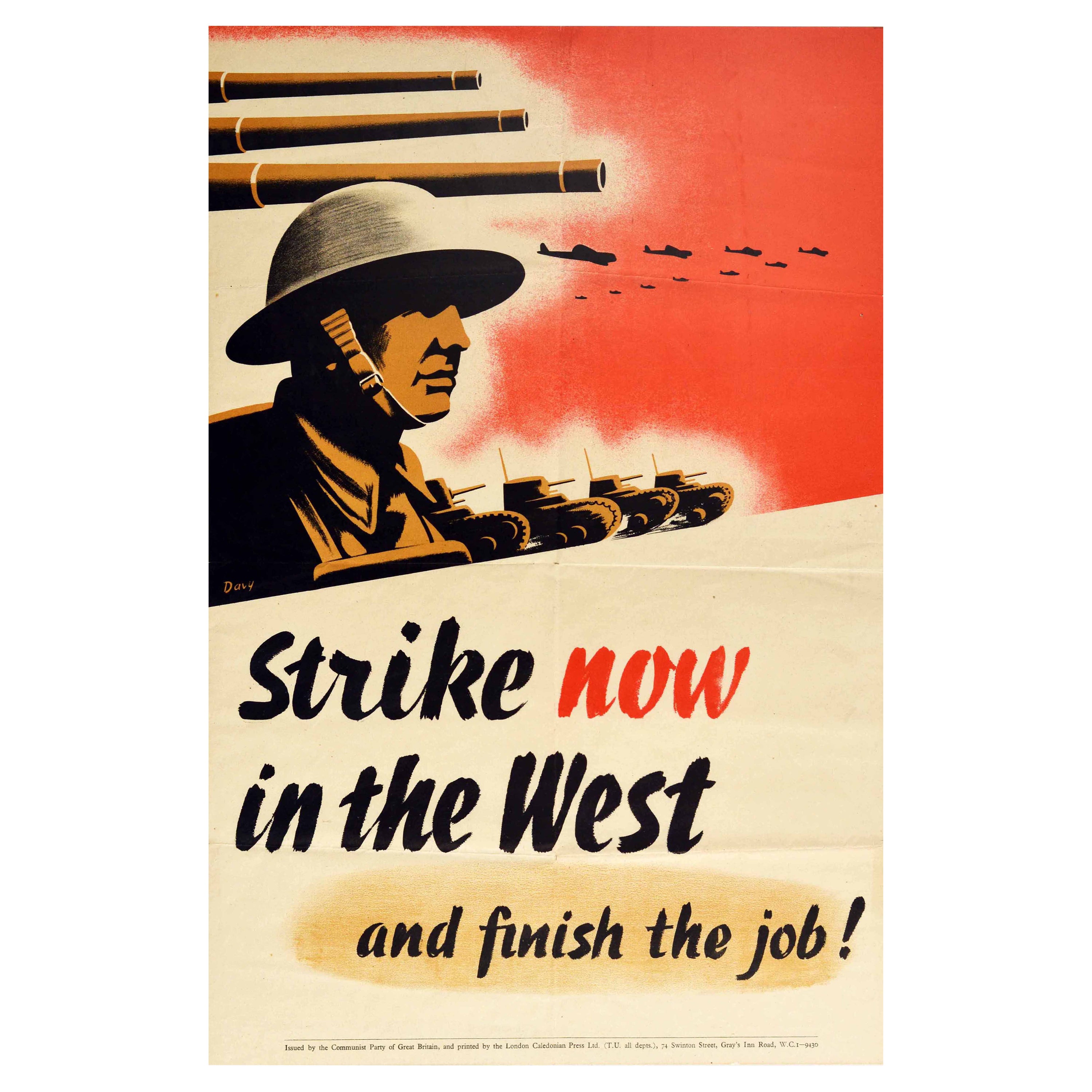 Original Vintage WWII Political Poster Strike Now In The West Communist Party GB
