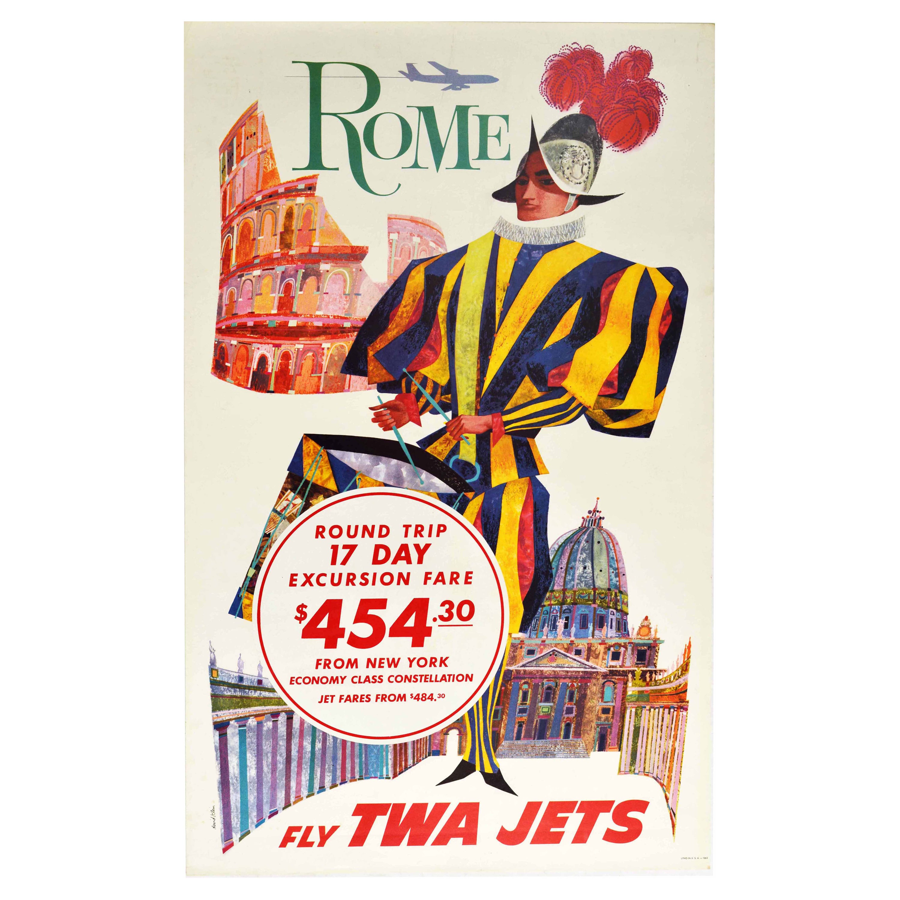 Original Vintage Travel Poster Rome Fly TWA Jets New York Constellation Plane