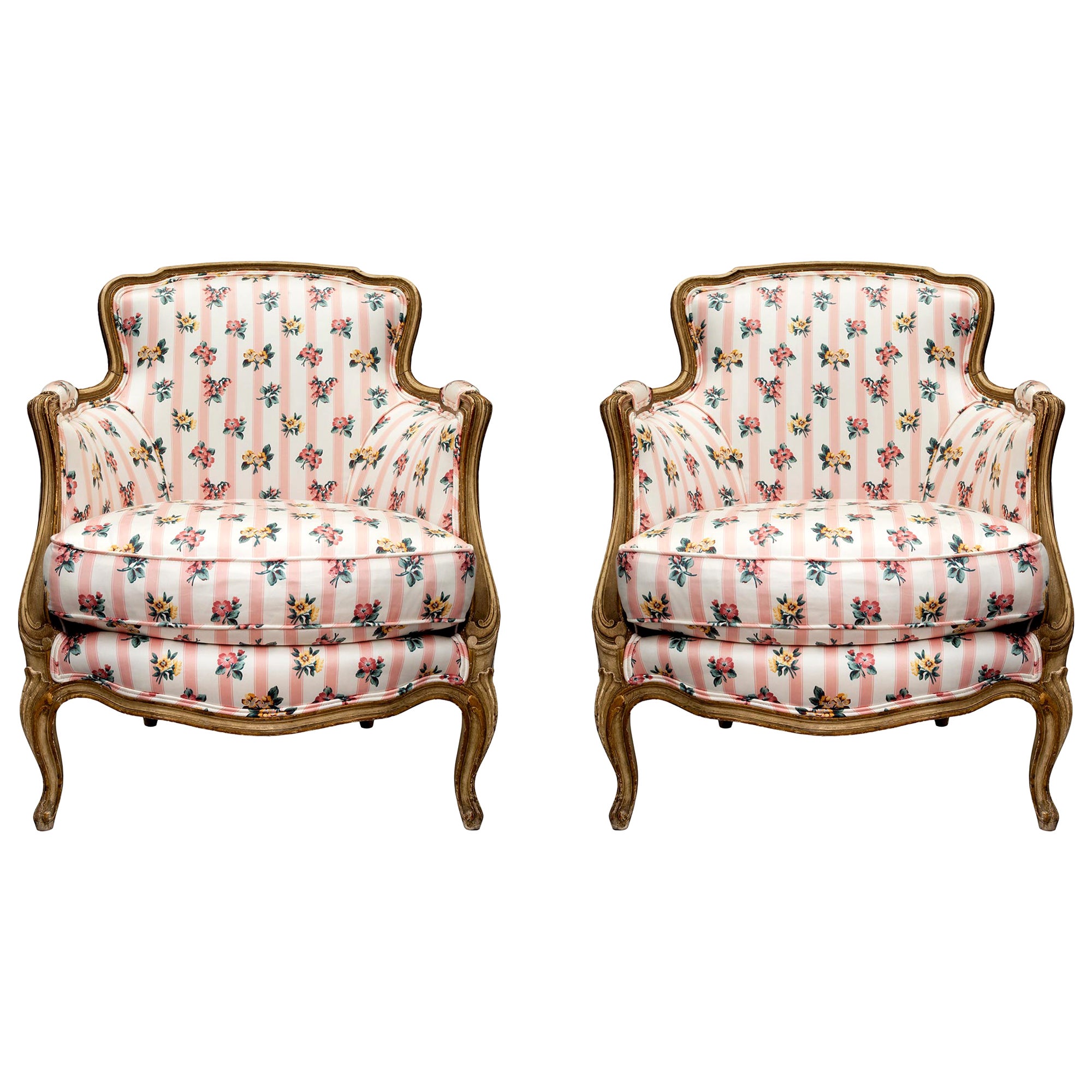 Pair of French 19th Century French Louis XV St. Patinated Bergères