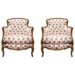 Pair of French 19th Century French Louis XV St. Patinated Bergères