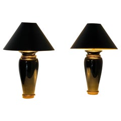 Glamorous Pair of Chapman Black Ceramic Table Lamps with Brass & Steel Rings