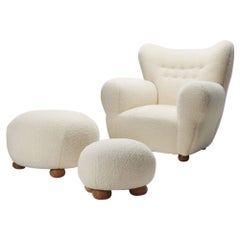 Nordic Modern Armchair and Ottomans with Bun Feet, Scandinavia ca 1950s