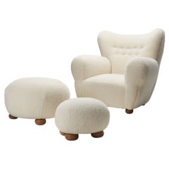 Nordic Modern Armchair and Ottomans with Bun Feet, Scandinavia ca 1950s 