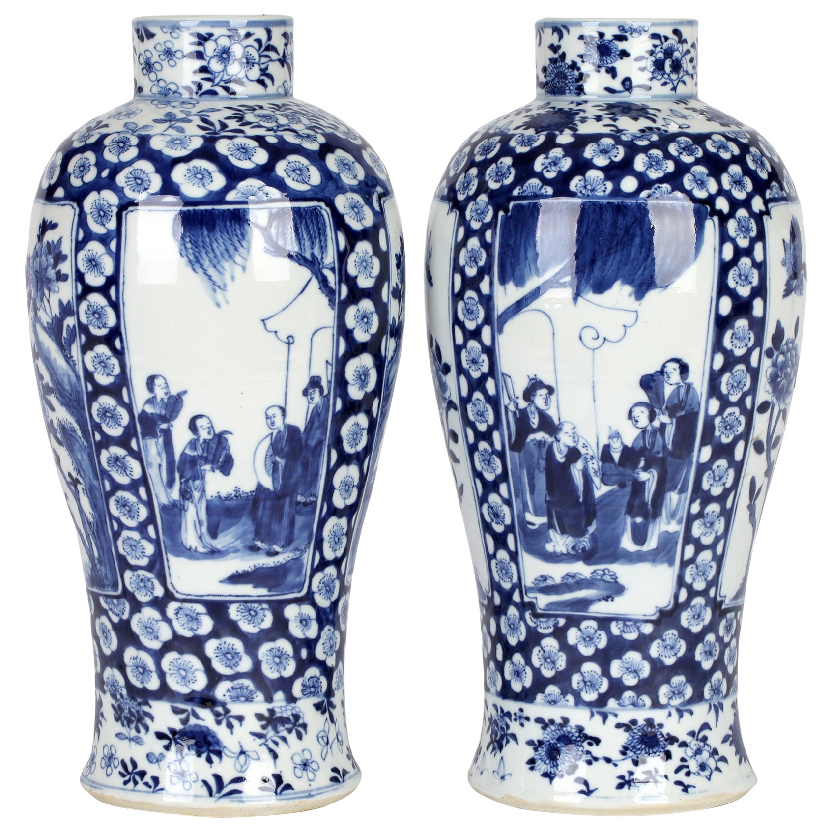 Chinese Qing Large Impressive Pair Porcelain Blue & White Vases Kangxi Mark