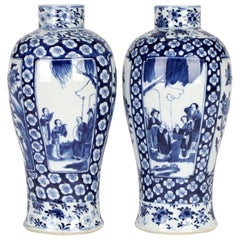 Chinese Qing Large Impressive Pair Porcelain Blue & White Vases Kangxi Mark