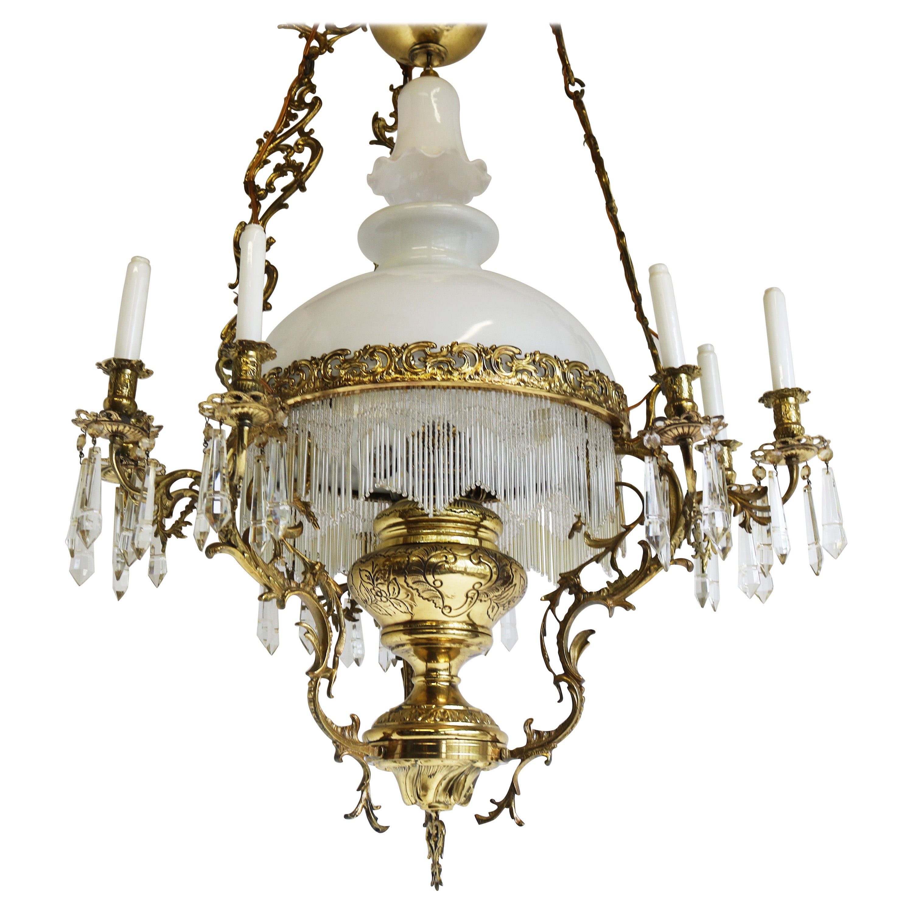 Ancienne lampe à huile française victorienne du XIXe siècle, lustre suspendu en laiton et opaline