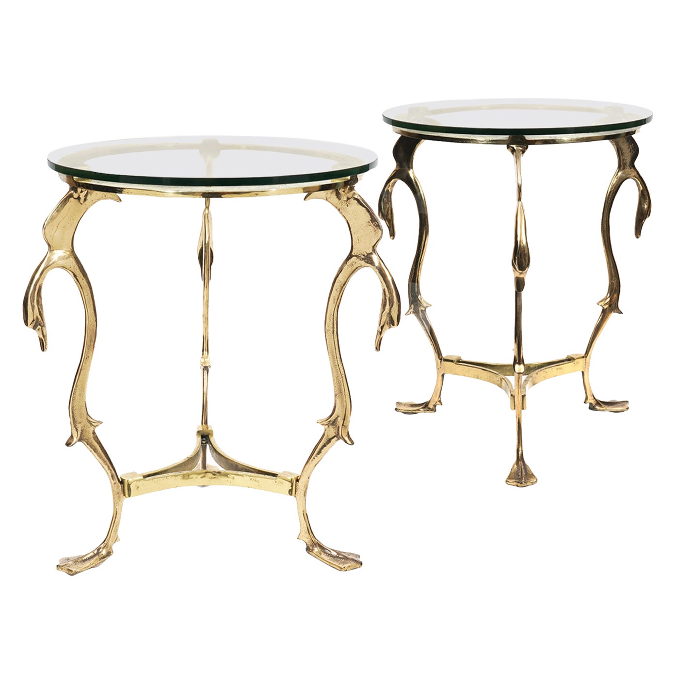 Pair of French Mid Century Hammered Bronze Swan Gueridon Glass Top Side Tables