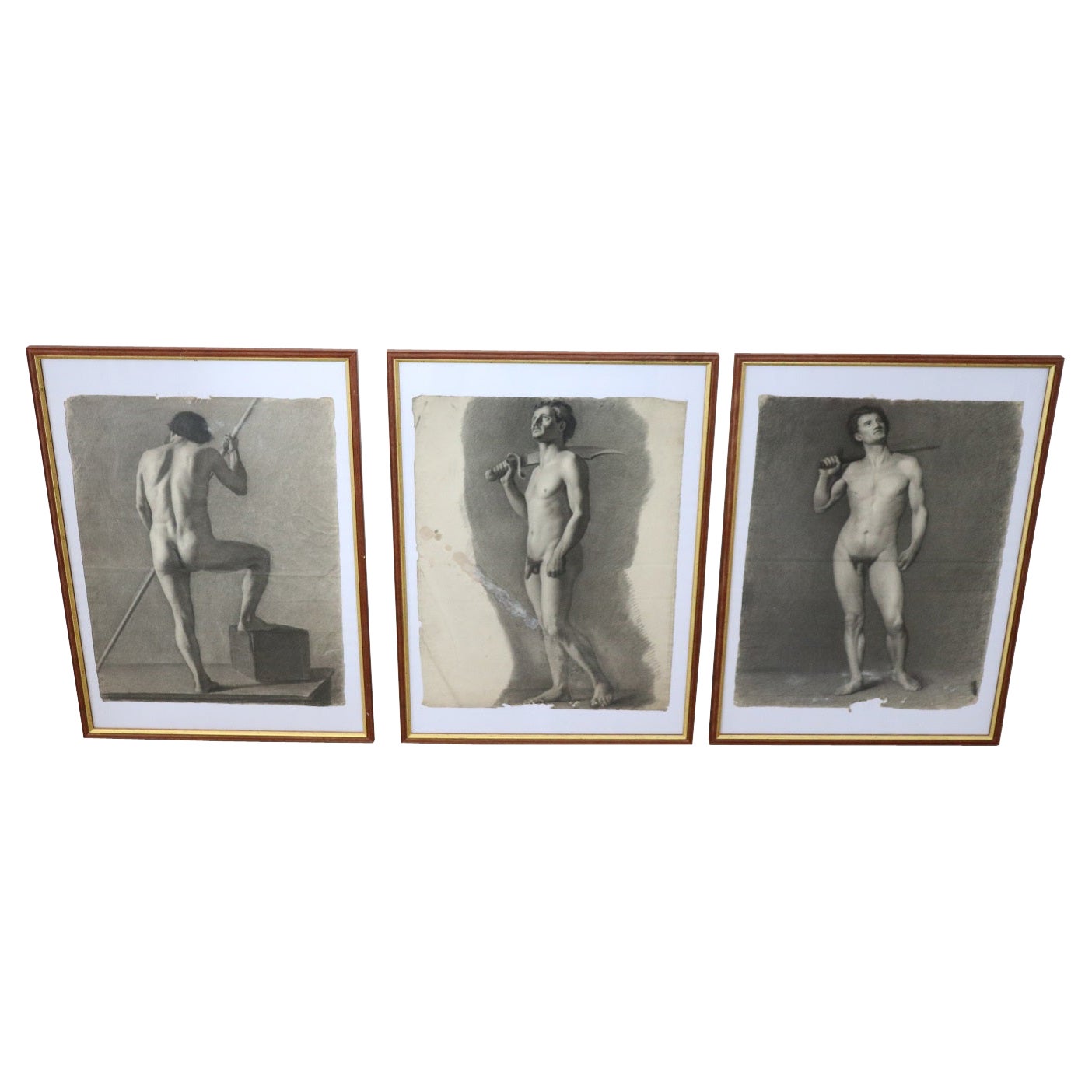 Early 20th Century Italian Drawings on Paper Male Nudes, Set of 3