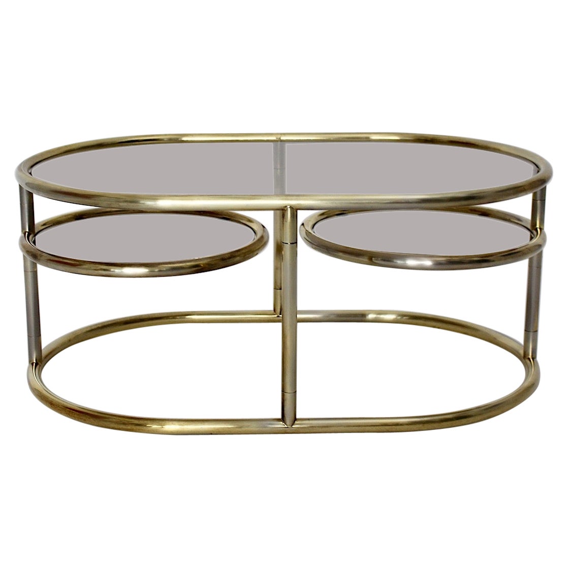Modernist Vintage Golden Metal Glass Oval Coffee Table Sofa Table, 1960s, Italy For Sale