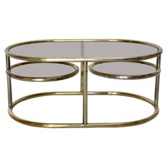 Modernist Retro Golden Metal Glass Oval Coffee Table Sofa Table, 1960s, Italy