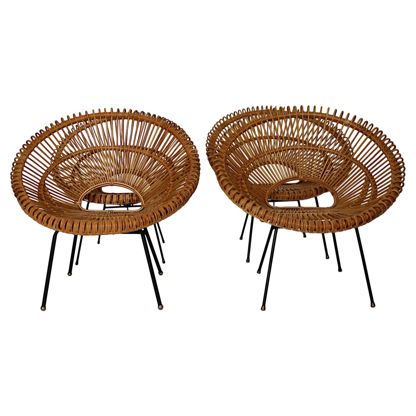 Mid-Century Modern Riviera Style Four Rattan Patio Lounge Chairs c 1960 France