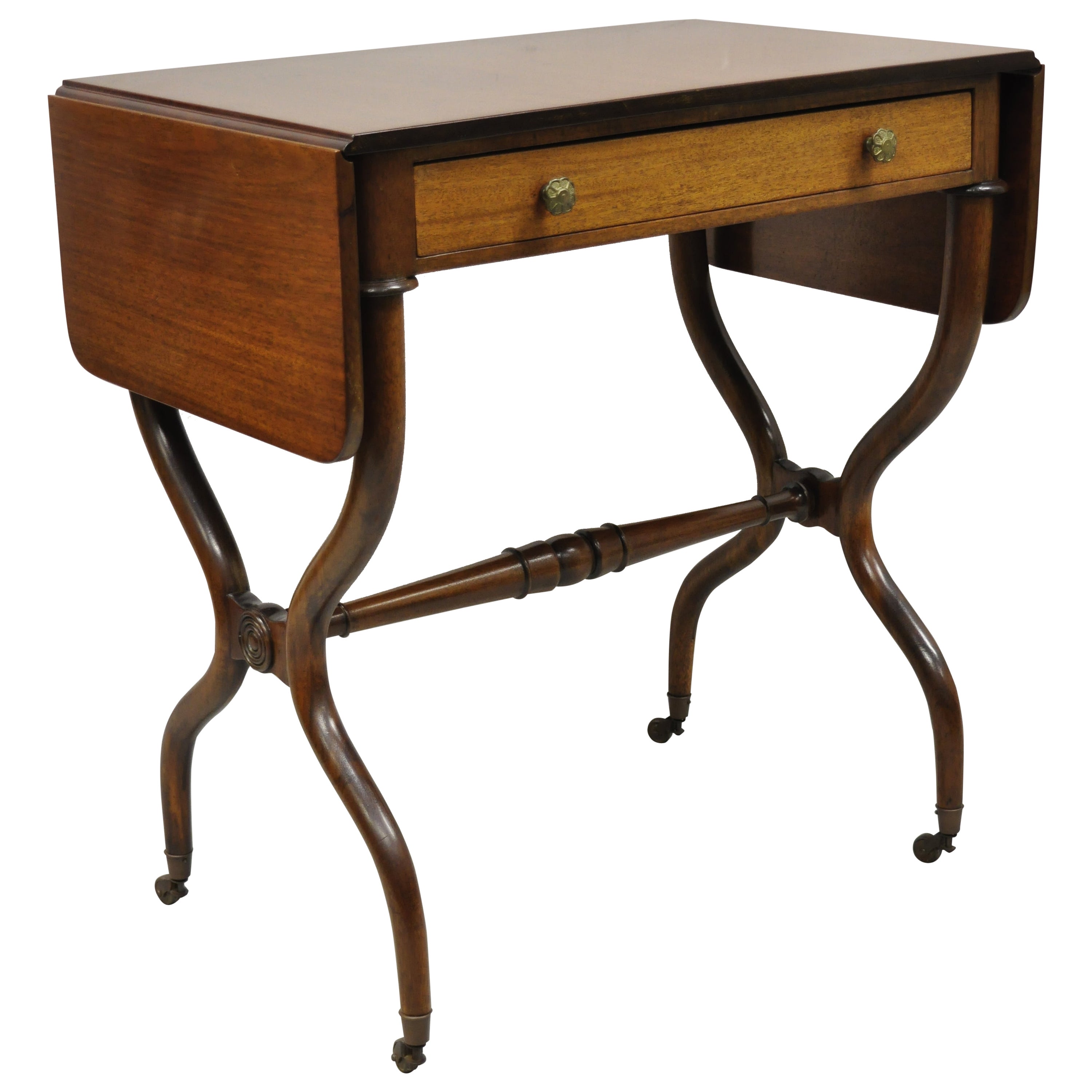 Vintage Regency Mahogany Drop Leaf Pembroke One Drawer Side Table Small Desk