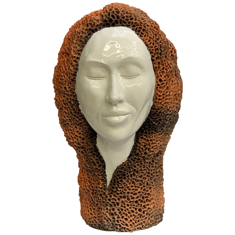 Woman's Head Sponge Decorative Ceramic Piece, Handmade Italy, 2021