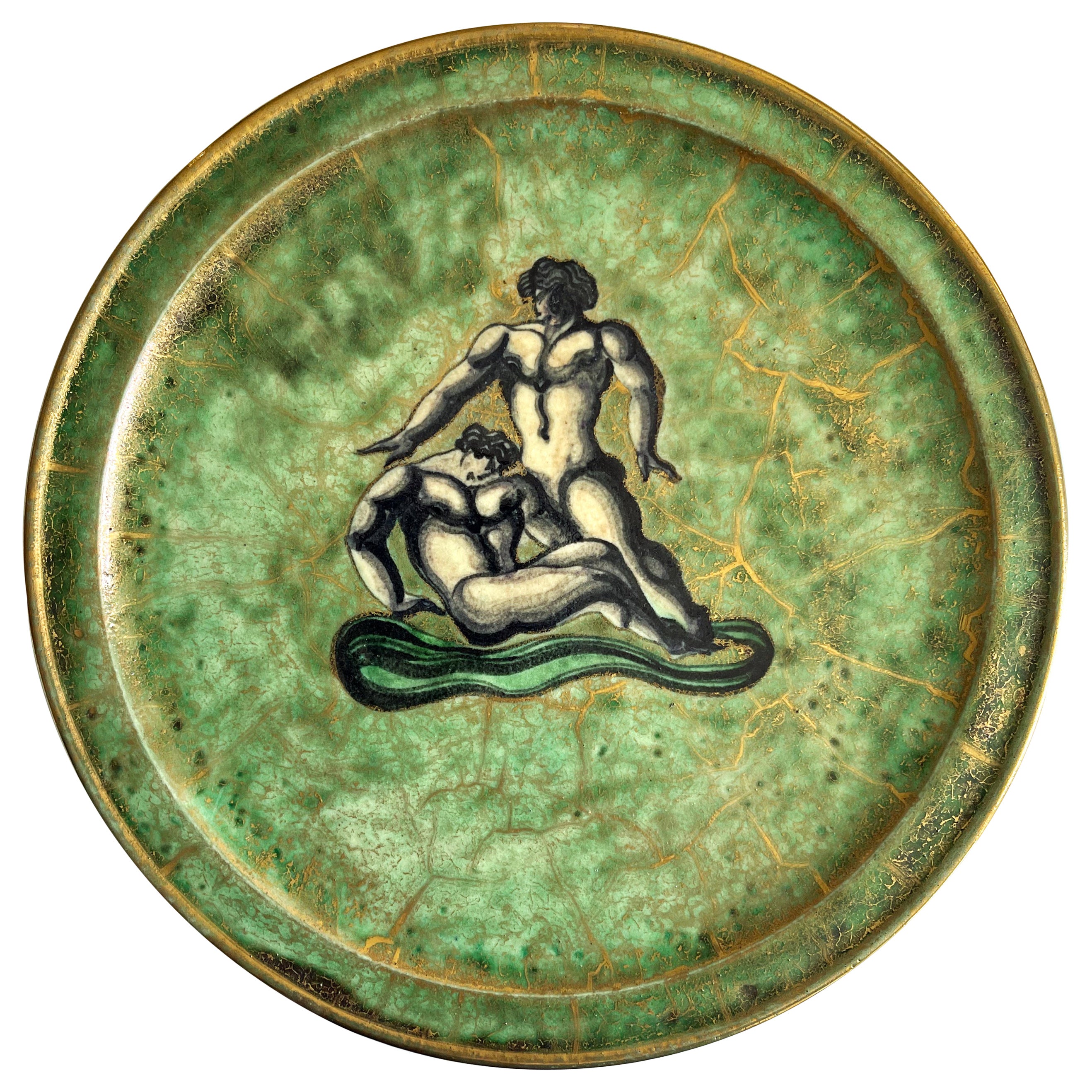 "Two Tritons," Art Deco Plate w/ Mythological Figures in Green and Gold, Mayodon