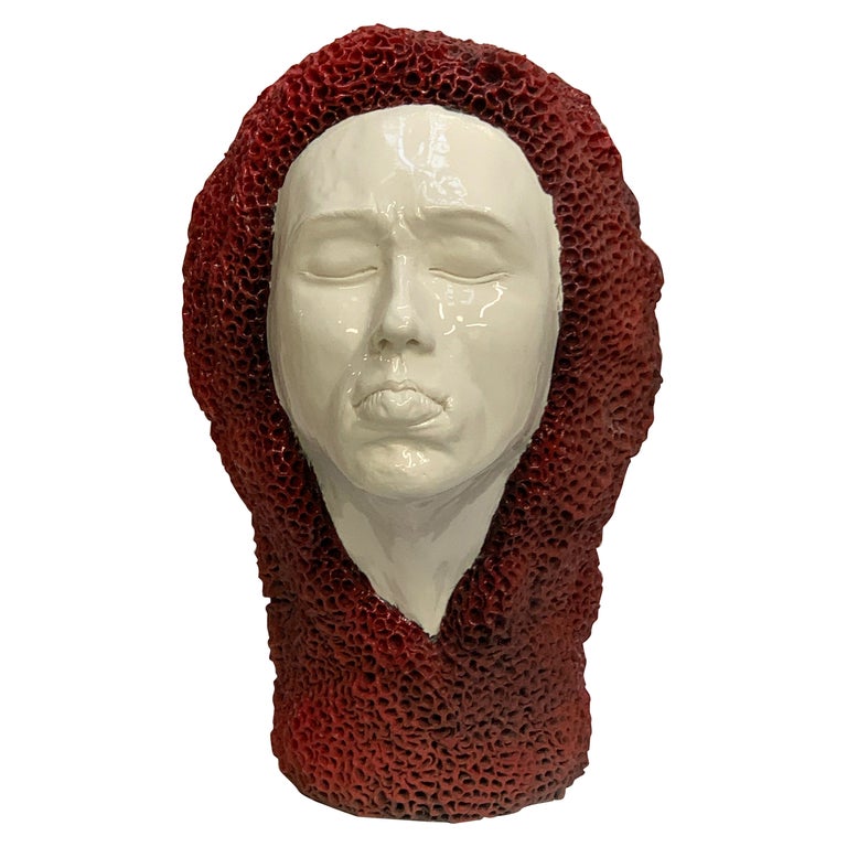 Man's Head Sponge Decorative Ceramic Piece, Handmade Italy, 2021, Hand