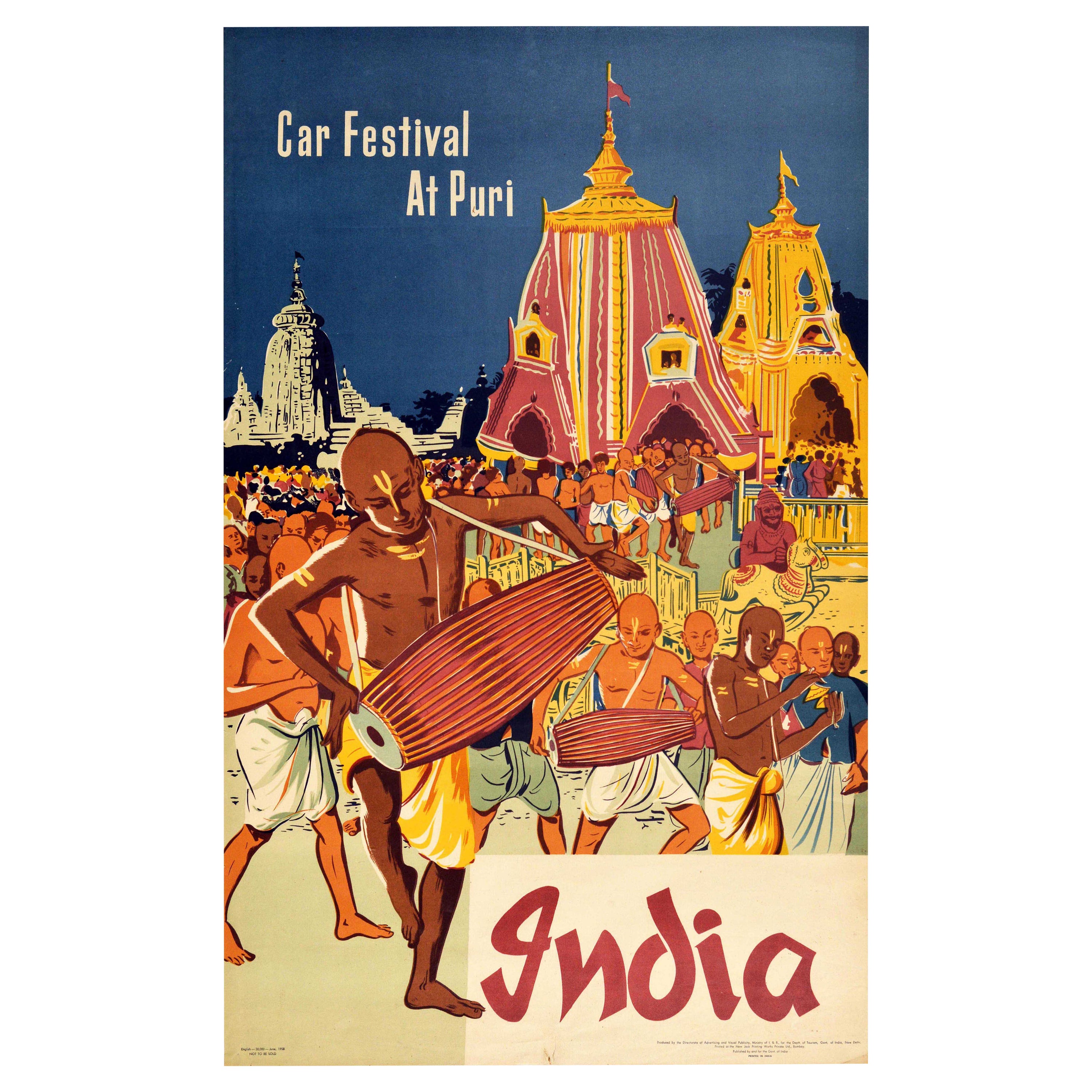 Affiche vintage d'origine, Festival de voitures à Puri, Inde, Procession musicale, Temple hindou