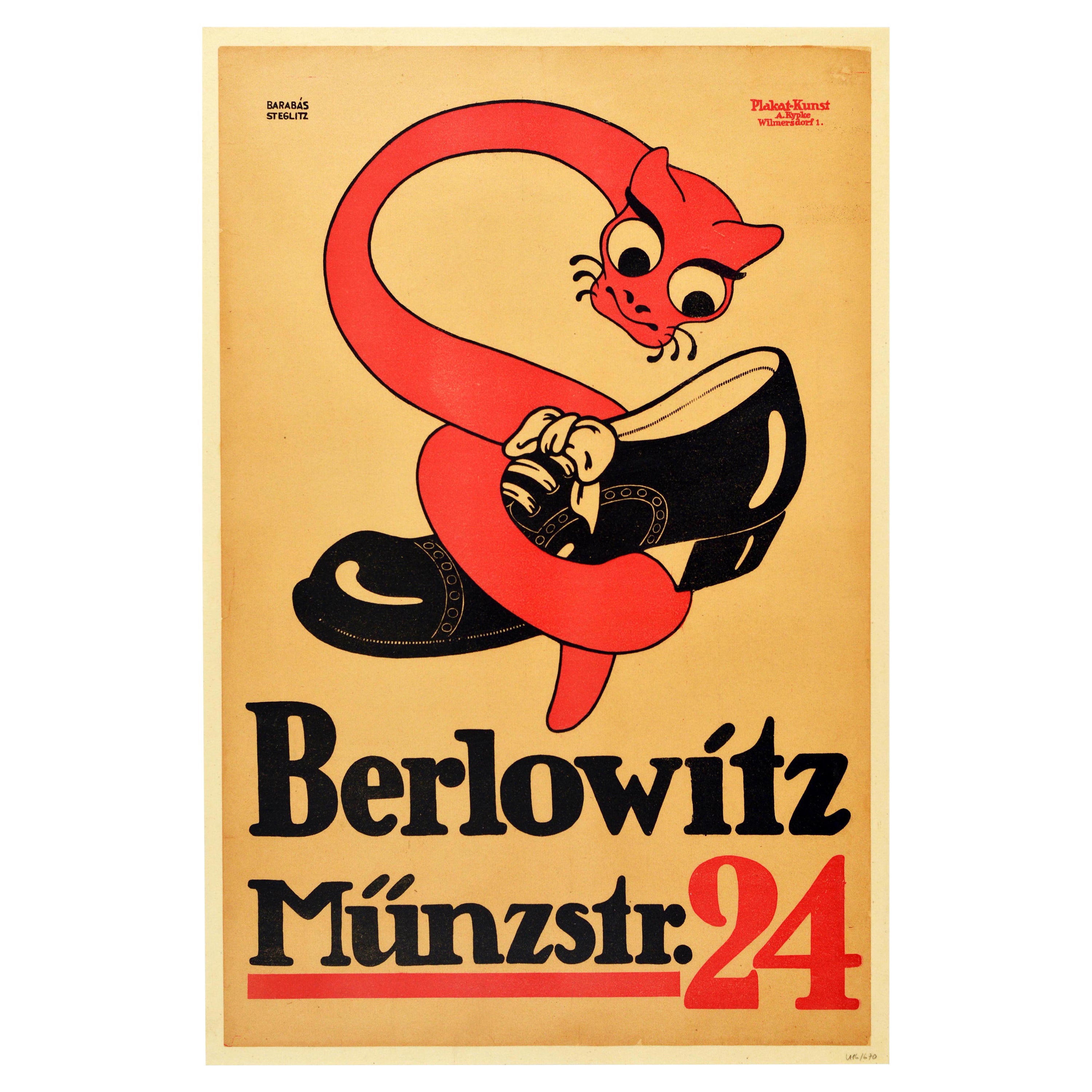 Original Antique Poster Berlowitz Munzstrasse 24 Berlin Germany Shoemaker Snake For Sale
