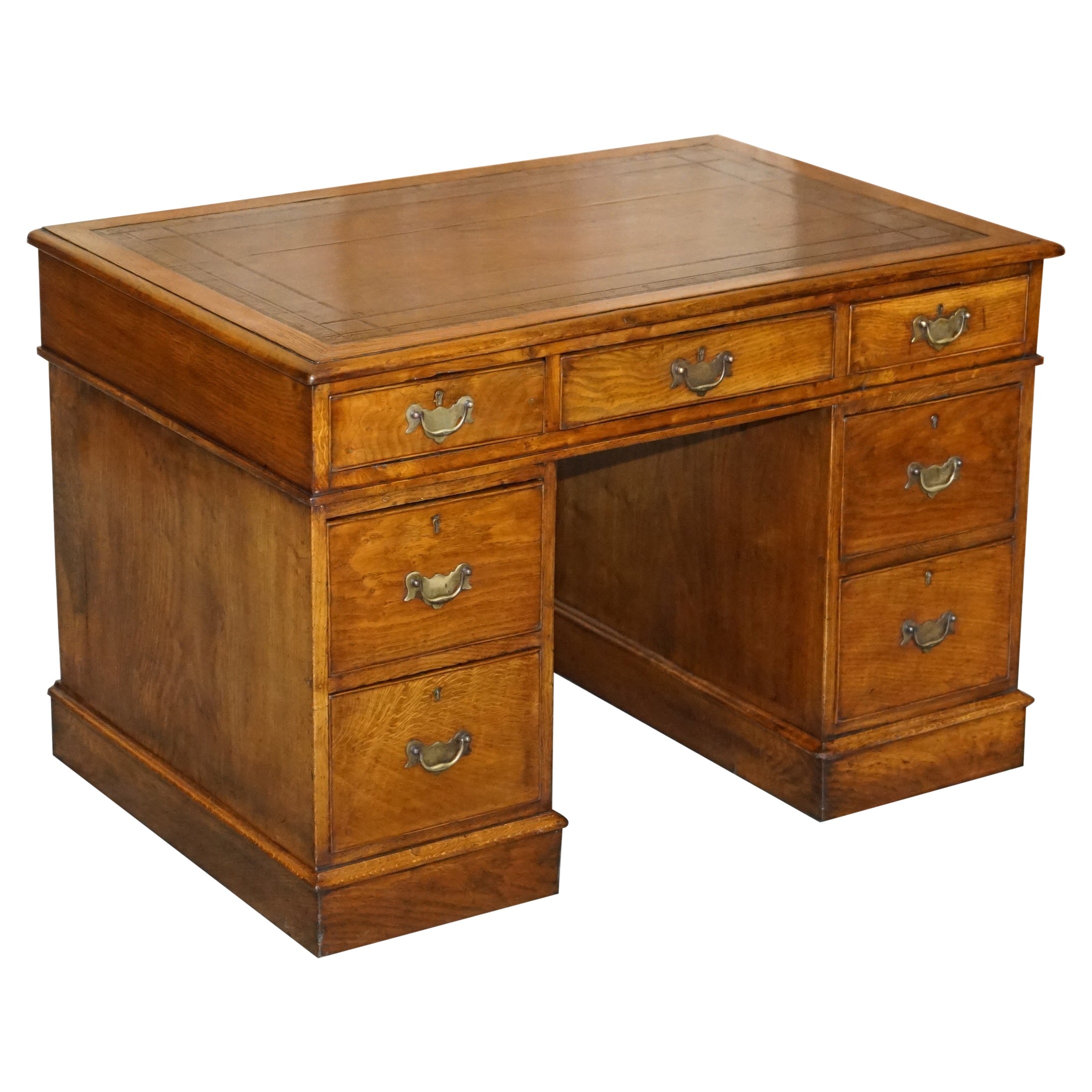 Stunning Restored circa 1800 Georgian Oak & Brown Leather Partners Pedestal Desk For Sale