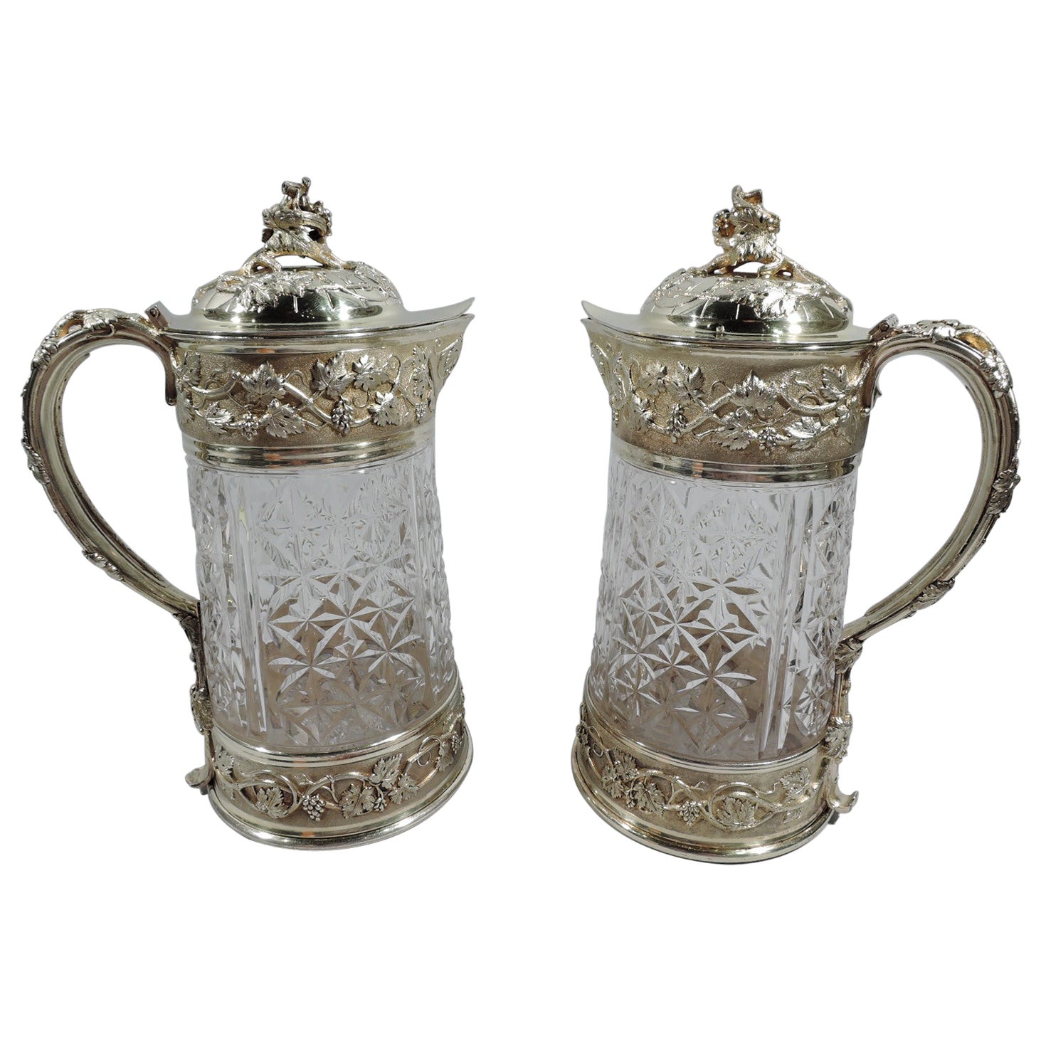 Pair of Antique Odiot Belle Epoque Silver Gilt & Cut-Glass Decanters