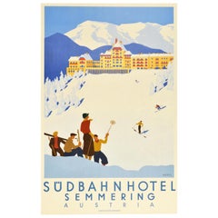 Affiche rétro originale, Sudbahn Hotel Semmering, Autriche, Ski, Sport d'hiver, Spa