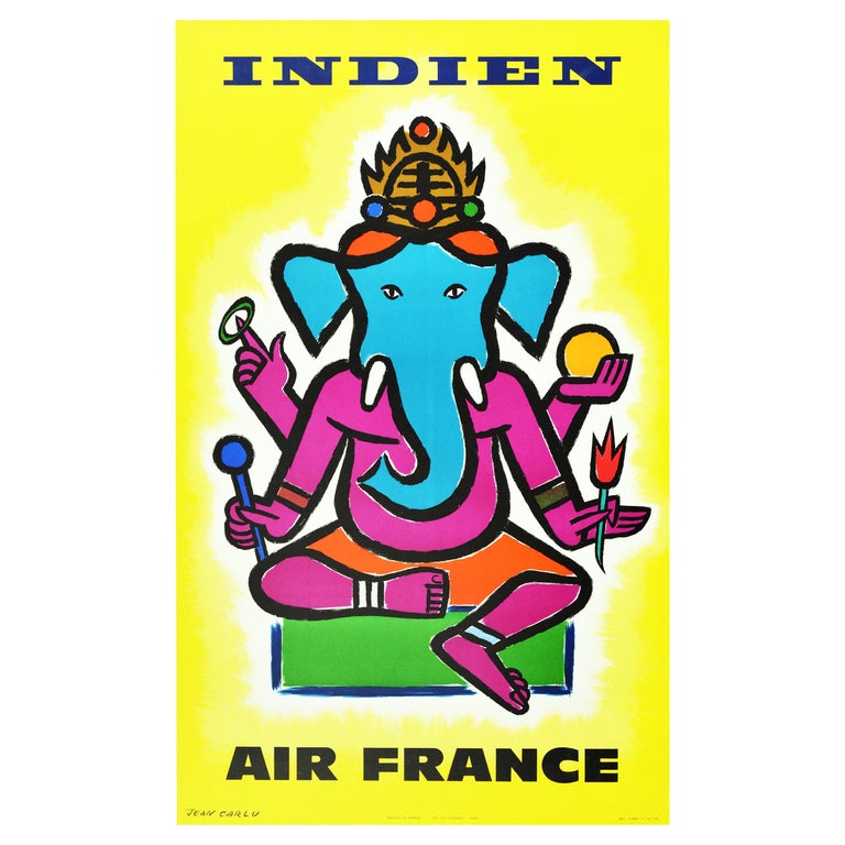 Original Vintage Airline Poster Indien Air France India Hindu Elephant Ganesha For Sale