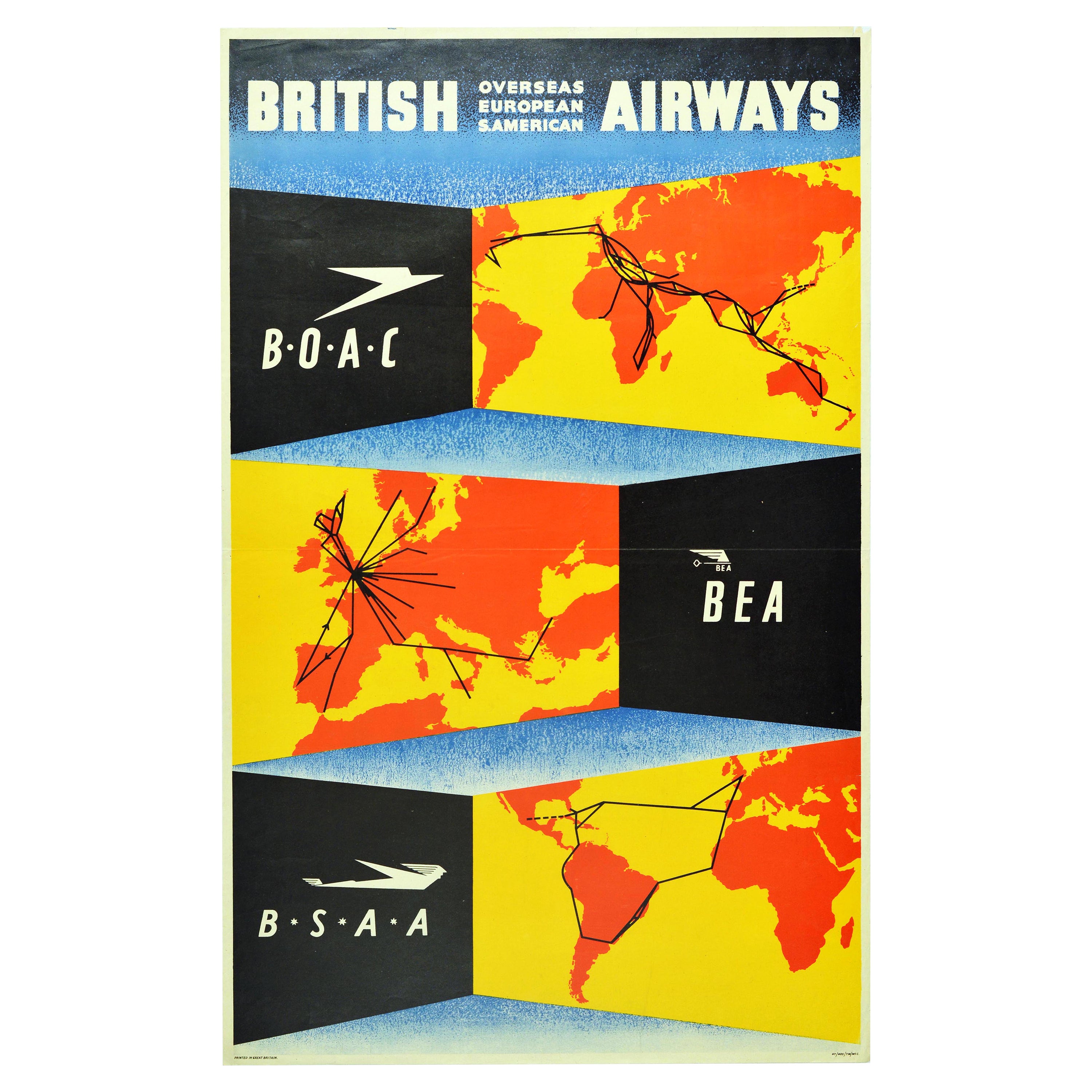 Original Vintage Poster British Airways BOAC BSAA BEA World Route Map Air Travel