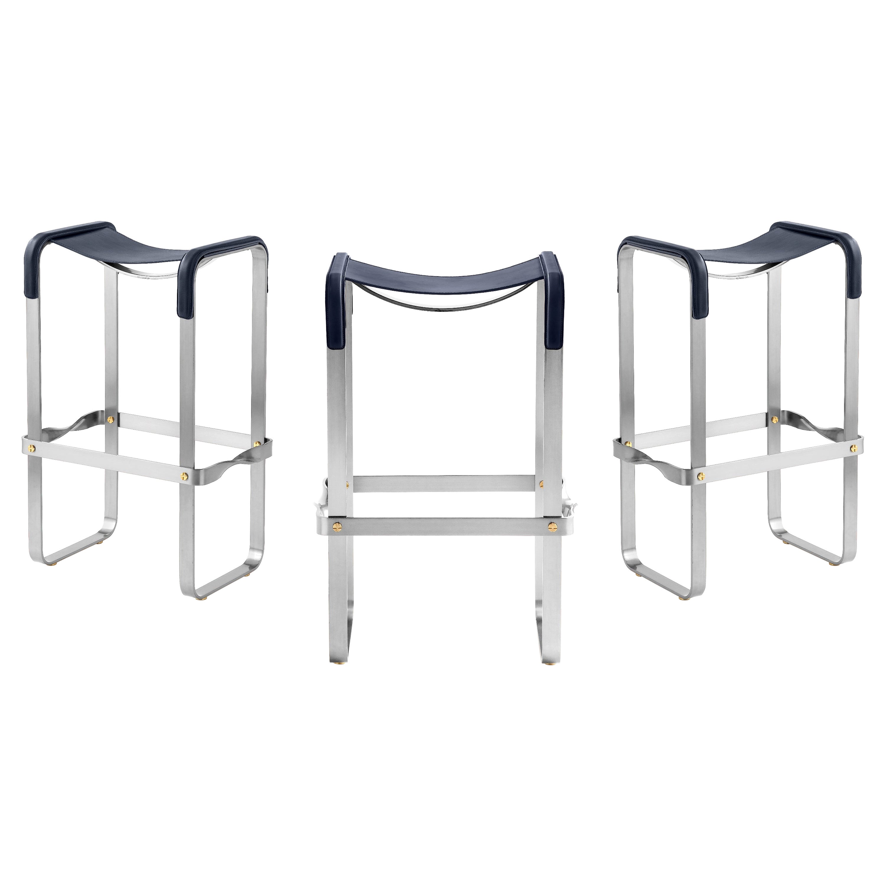 Set of 3 Contemporary Bar Stool Silver Aged Metal & Navy Blue Leather For Sale