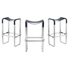 Set of 3 Contemporary Bar Stool Silver Aged Metal & Navy Blue Leather