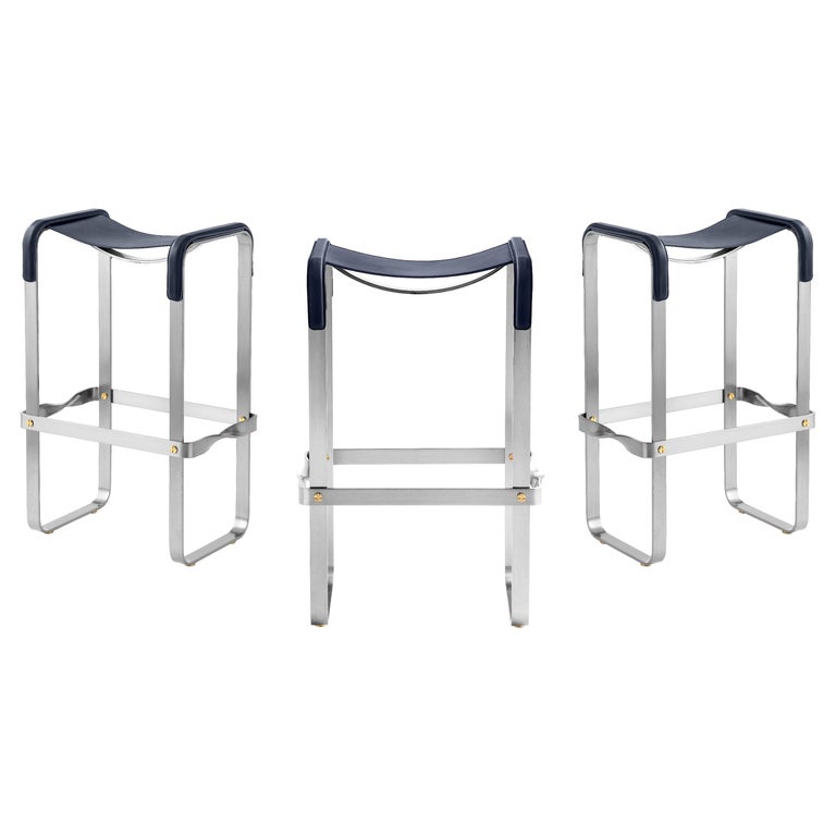 Set of 3 Contemporary Bar Stool Silver Aged Metal and Navy Blue Leather For Sale at 1stDibs