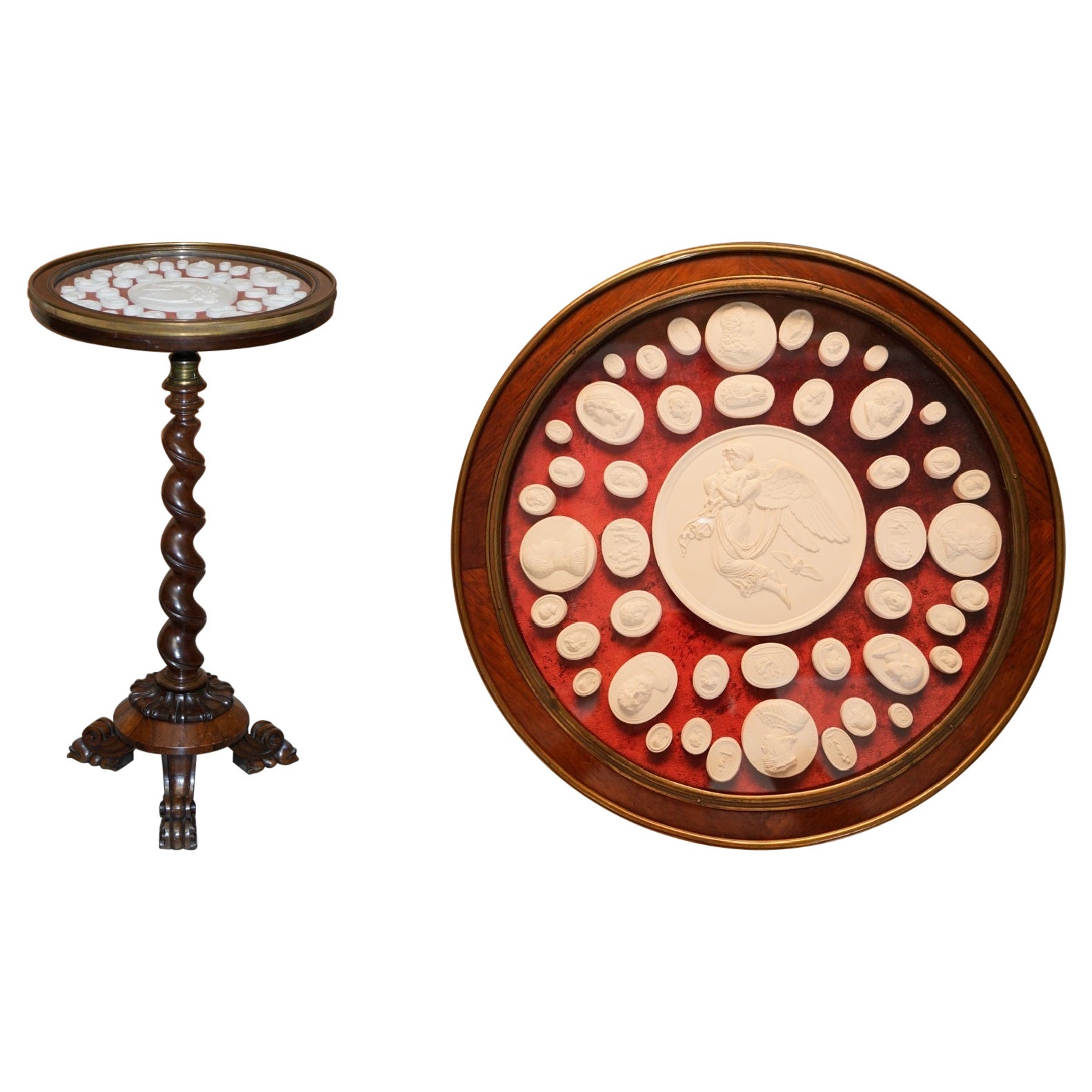 Antiguo William IV 1830 Mesa auxiliar de madera dura + tapa de vitrina con camafeo Grand Tour