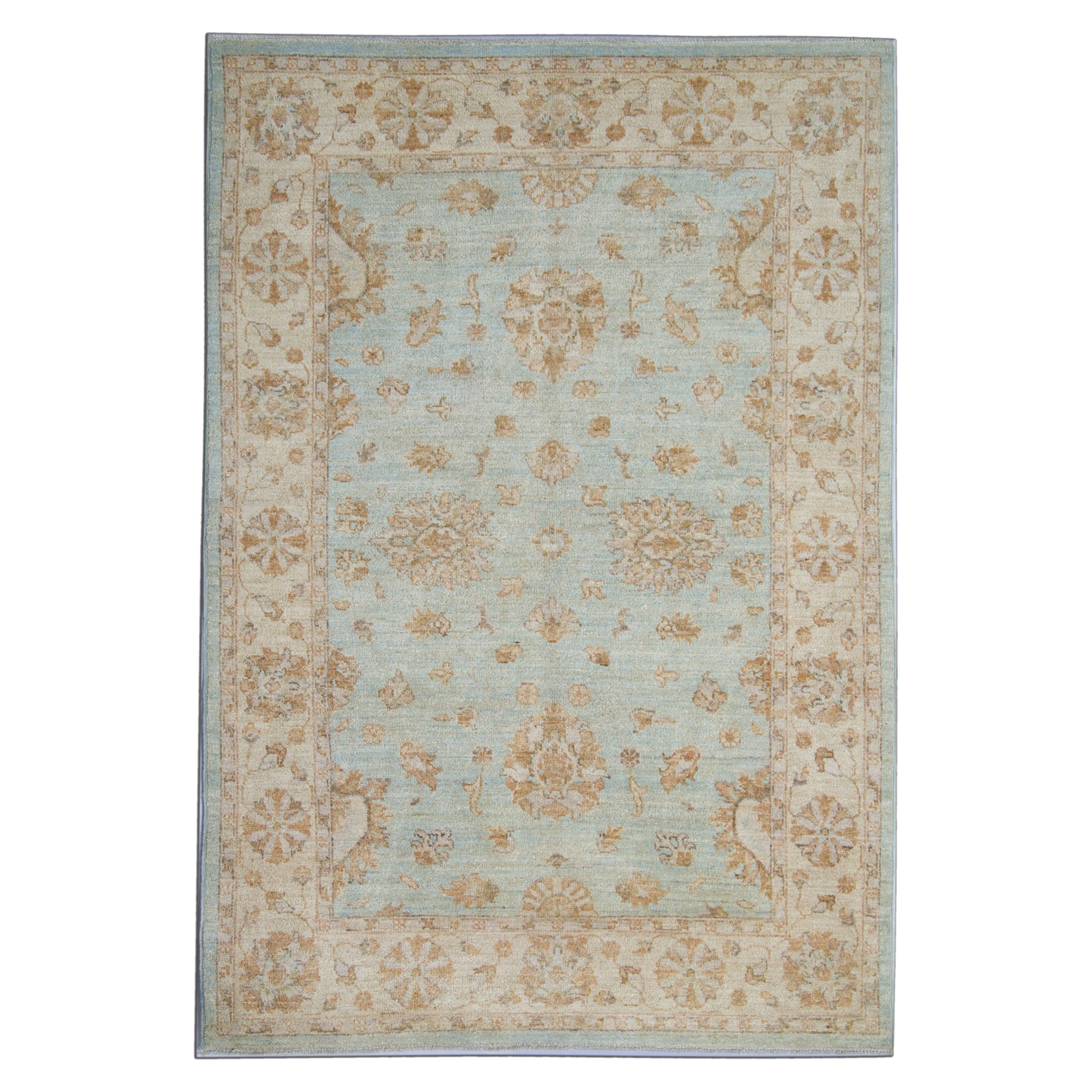Handgewebter blauer Teppich, traditioneller geblümter Teppich im Allover-Design