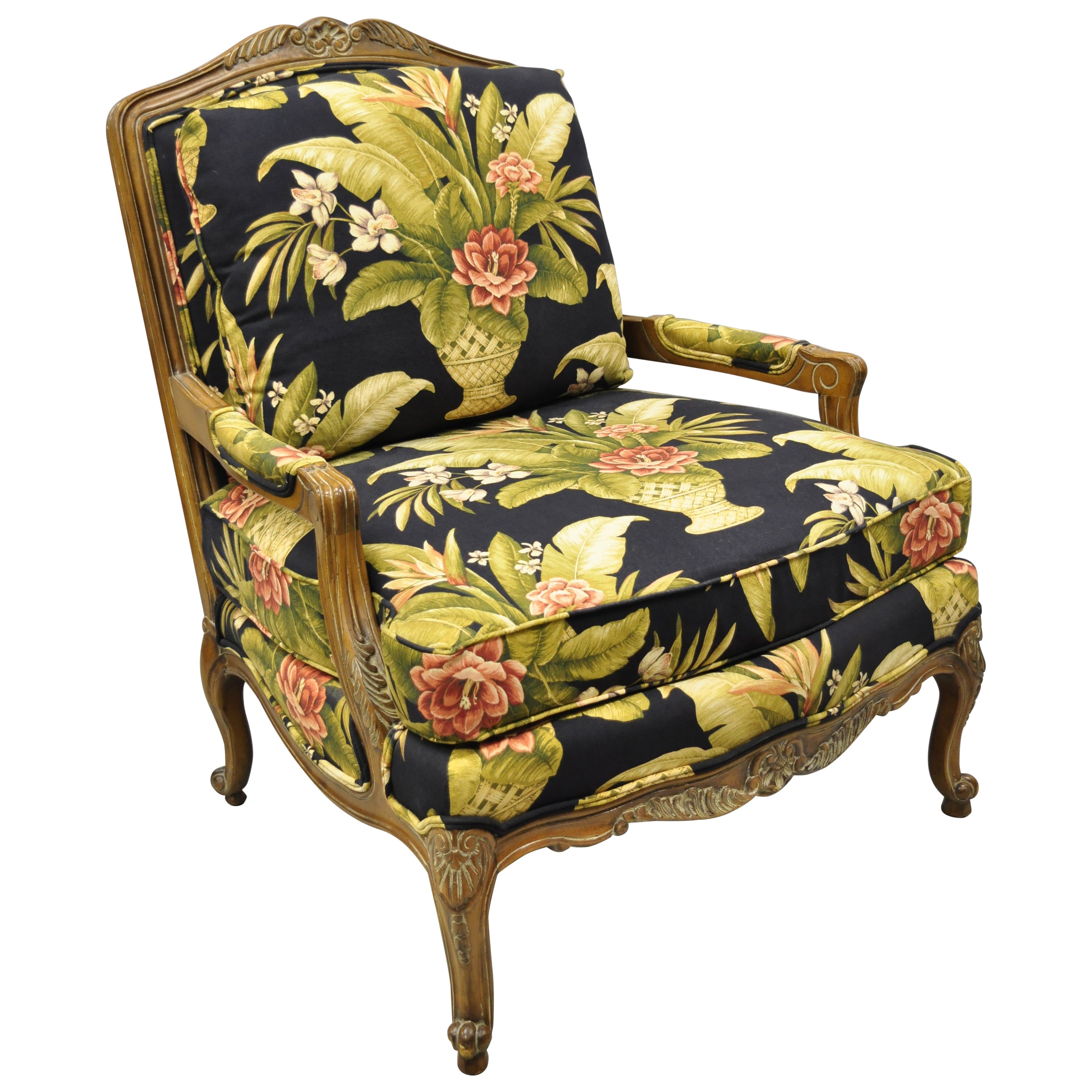 Thomasville French Provincial Louis XV Navy Blue Green Bergere Lounge Arm Chair