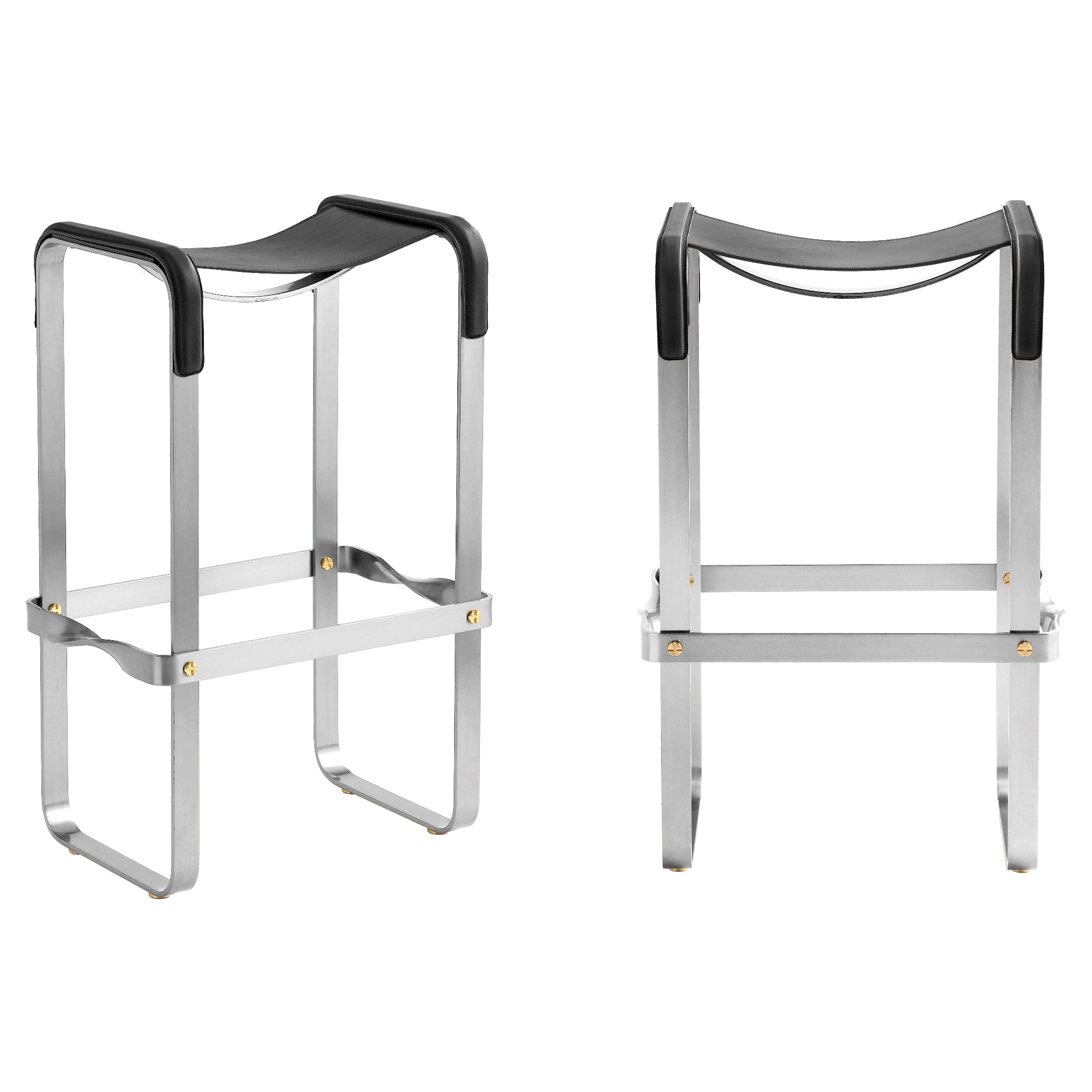 Pair Classic Contemporary Bar Stool Silver Aged Metal & Black Leather For Sale