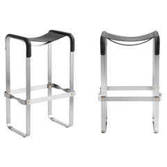 Pair Classic Contemporary Bar Stool Silver Aged Metal & Black Leather