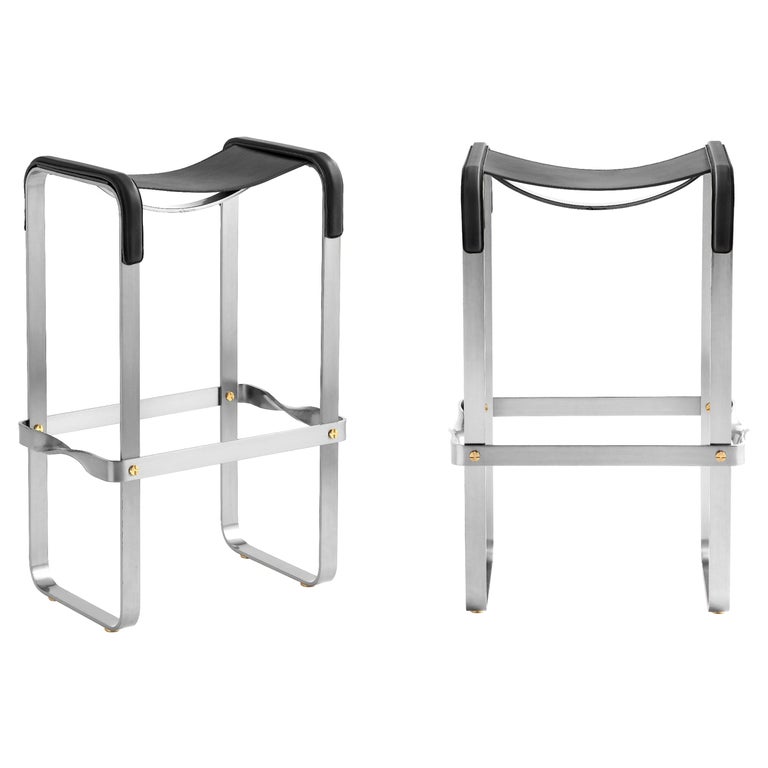 Pair Classic Contemporary Bar Stool Silver Aged Metal and Black Leather For Sale at 1stDibs