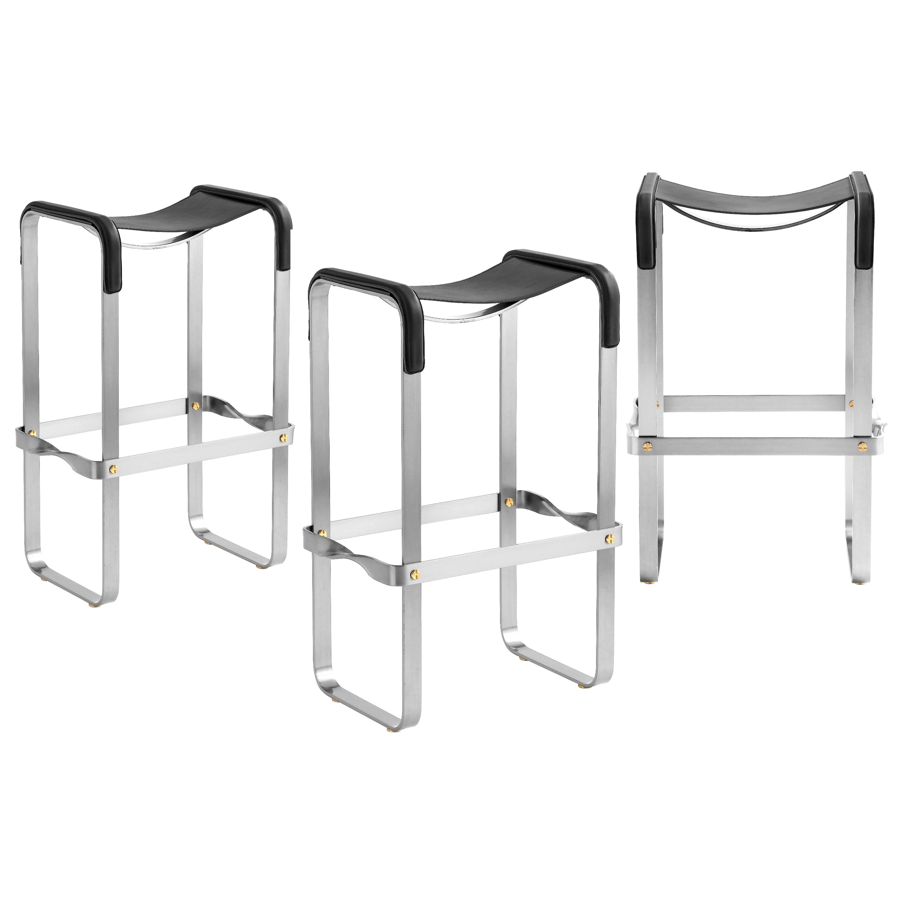 Set of 3 Contemporary  Bar Stool Silver Aged Steel & Black Leather For Sale