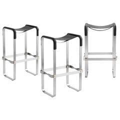 Set of 3 Bar Stool Silver Aged Steel & Black Saddle Leather Contemporary Style