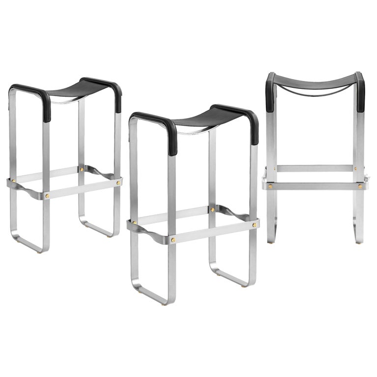 Set of 3 Contemporary Bar Stool Silver Aged Steel and Black Leather For