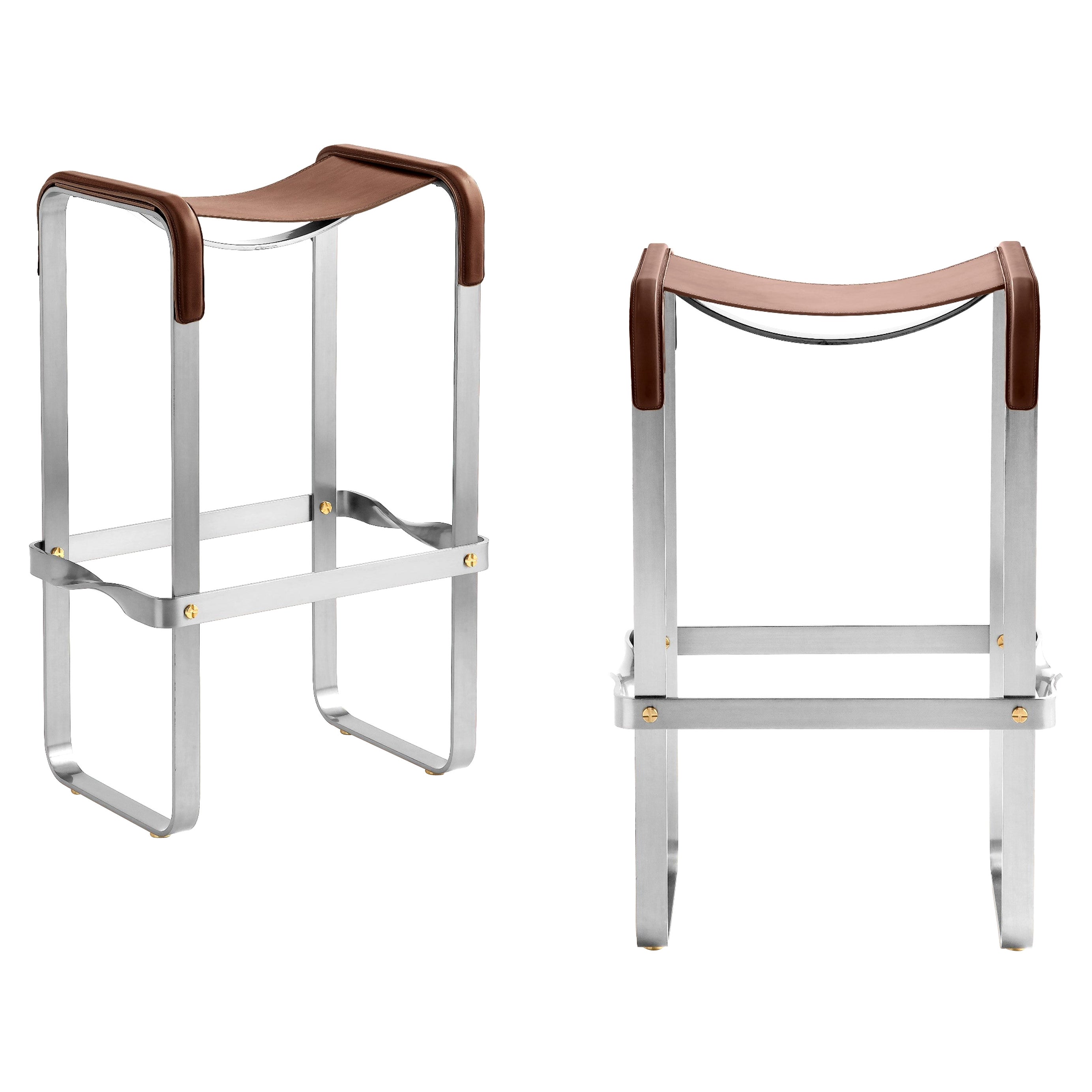 Pair Classic Contemporary Bar Stool Silver Aged Metal & Dark Brown Leather