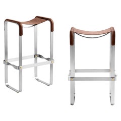 Set of 2 Bar Stool Silver Aged Steel & Dark Brown Saddle Contemporary Style