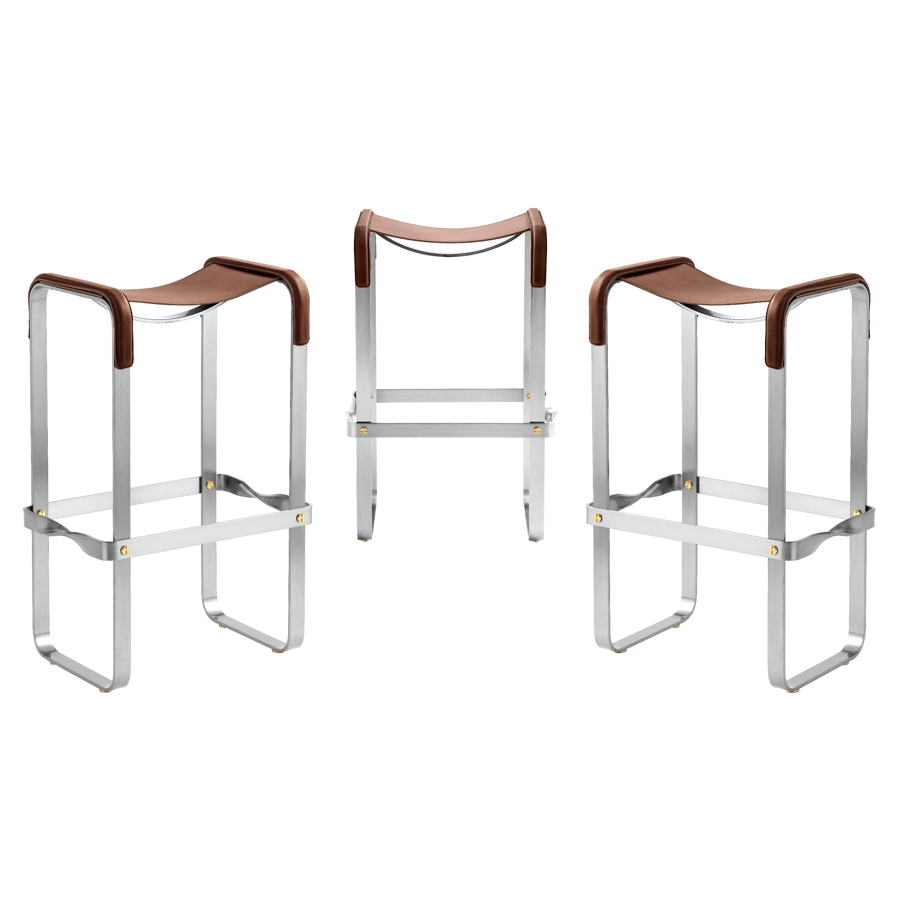 Set of 3 Classic Contemporary Bar Stool Silver Aged Steel & Dark Brown Leather For Sale