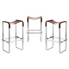 Set of 3 Bar Stool Silver Aged Steel & Dark Brown Saddle Contemporary Style