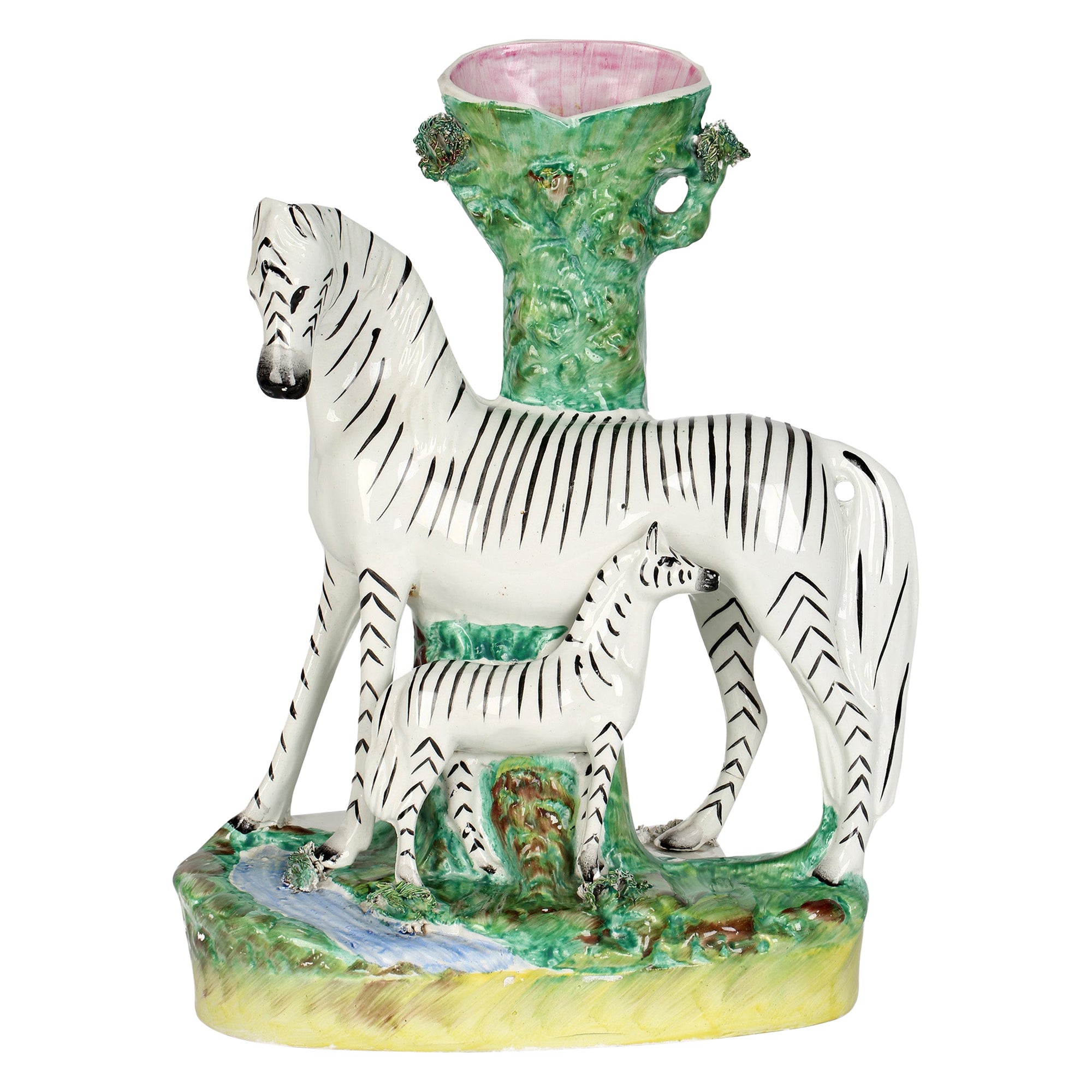 Staffordshire Large Rare Zebra and Foal Pottery Spill Vase