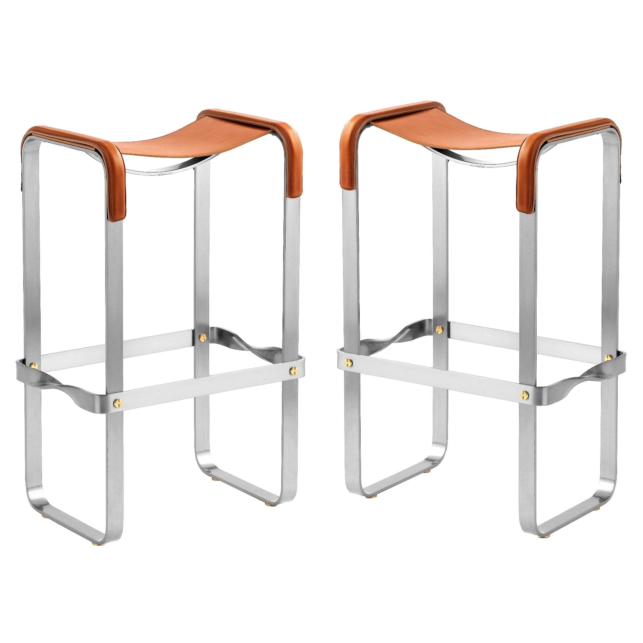 Pair Contemporary  Bar Stool Silver Aged Metal & Natural Tobacco Leather For Sale