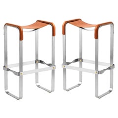 Pair Contemporary  Bar Stool Silver Aged Metal & Natural Tobacco Leather