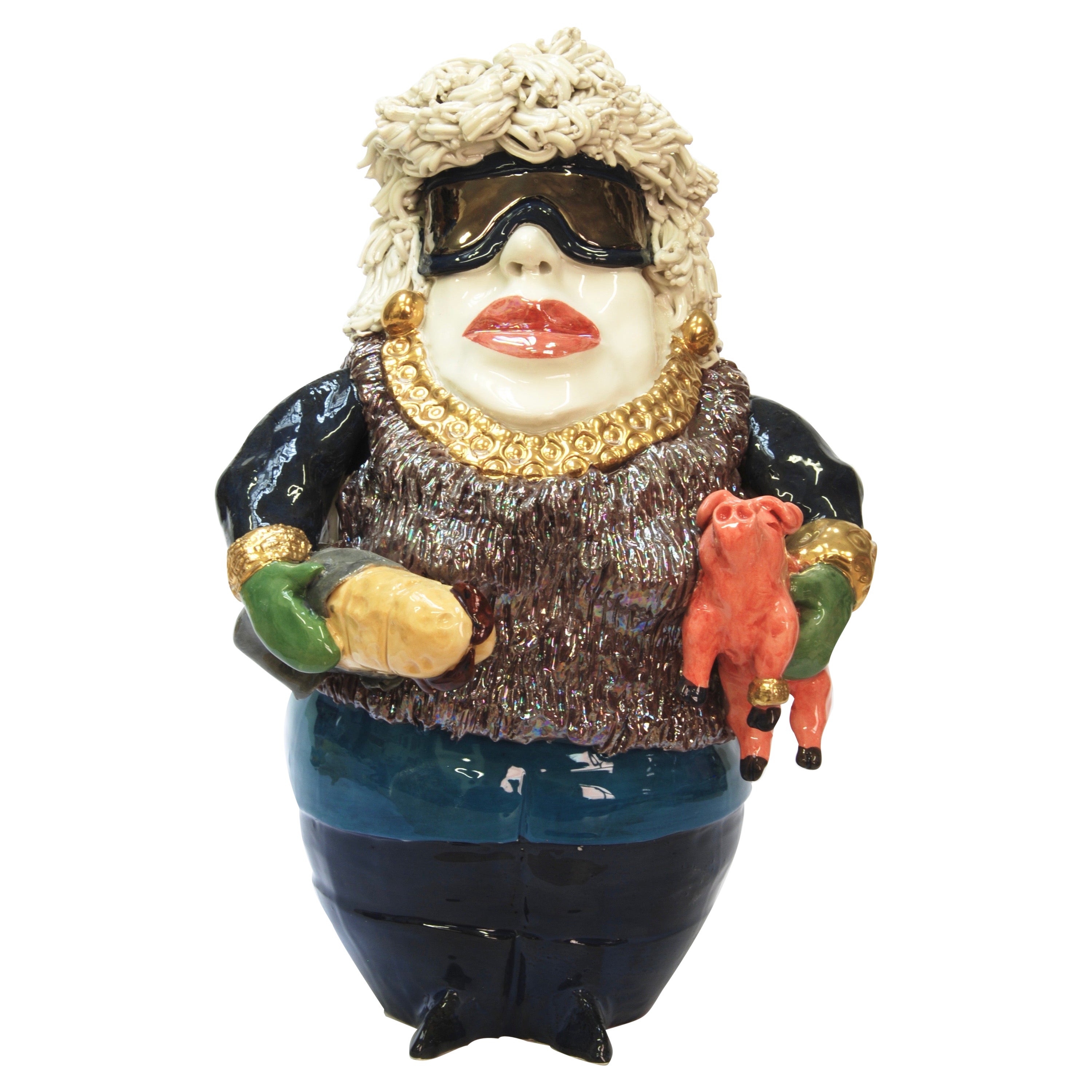 Ham Lover Lady with Pig Decorative Centerpiece Handmade Italy 2020, Hand-Crafted For Sale