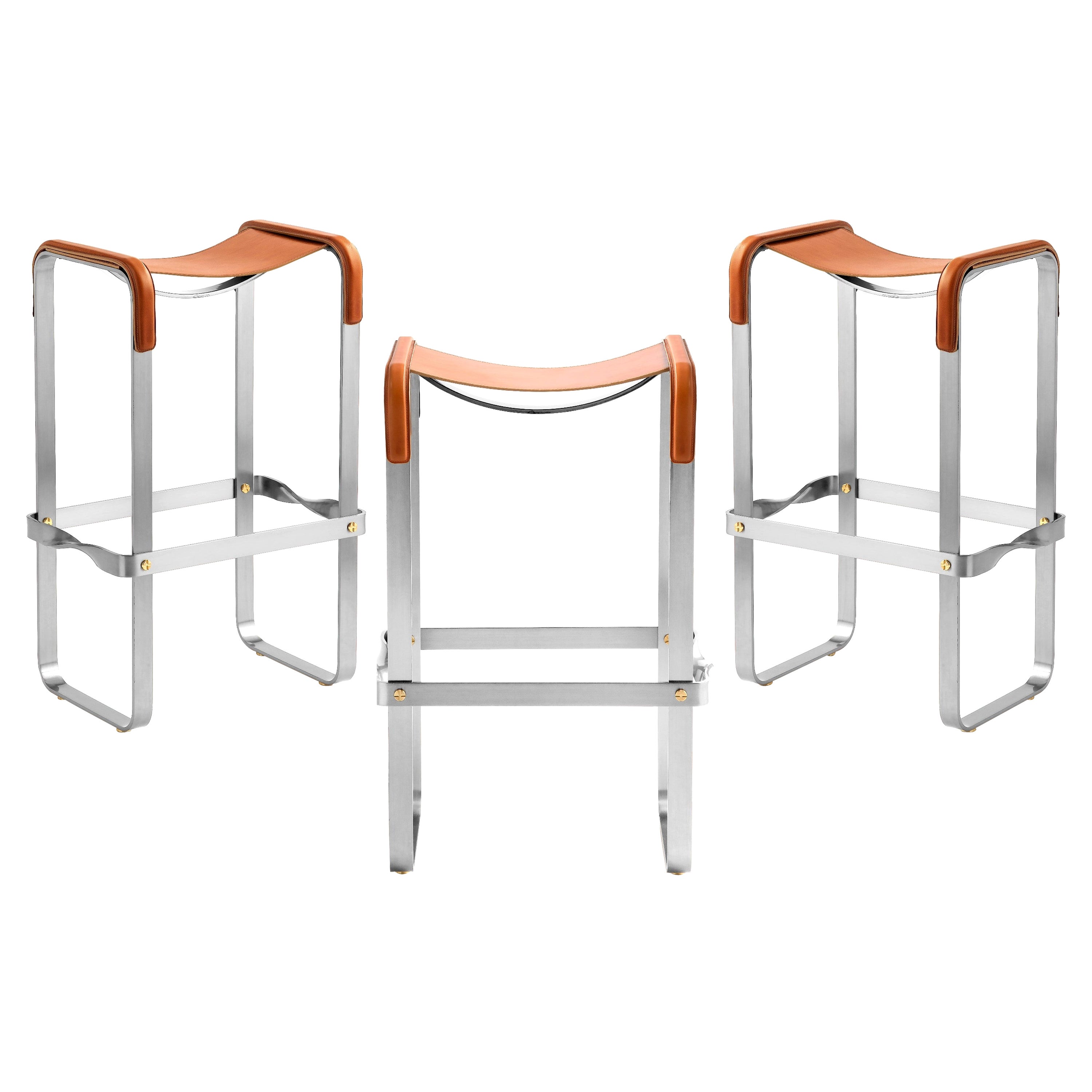 Set 3 Classic Contemporary Bar Stool Silver Aged Metal & Natural Tobacco Leather For Sale