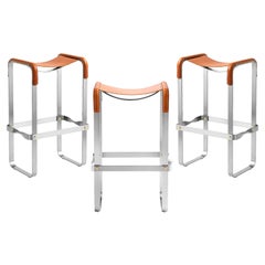 Set of 3 Bar Stool Silver Aged Steel & Natural Tobacco Saddle Contemporary Style