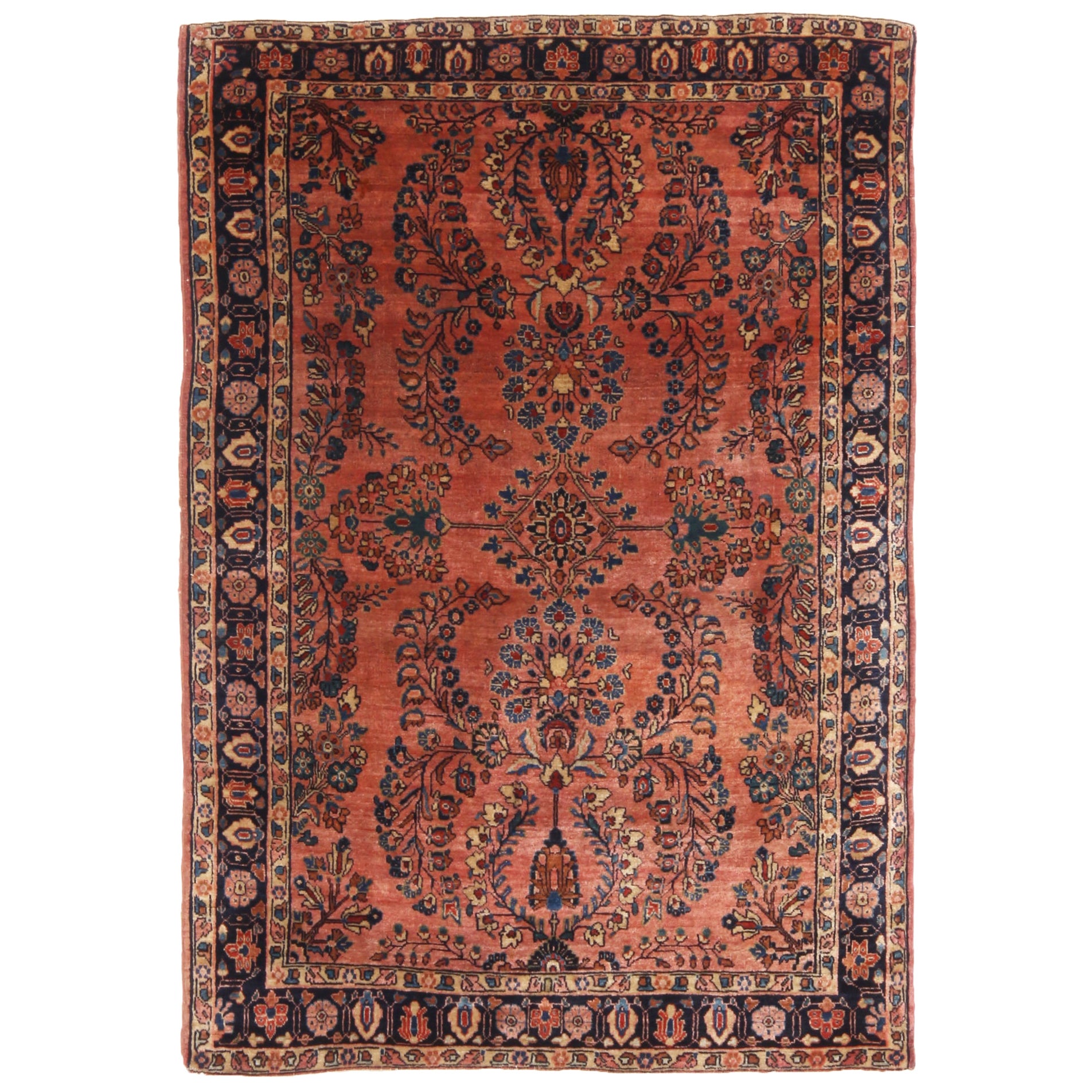 Antiker Sarouk-Perserteppich aus lachsfarbener und blauer Wolle von Rug & Kilim